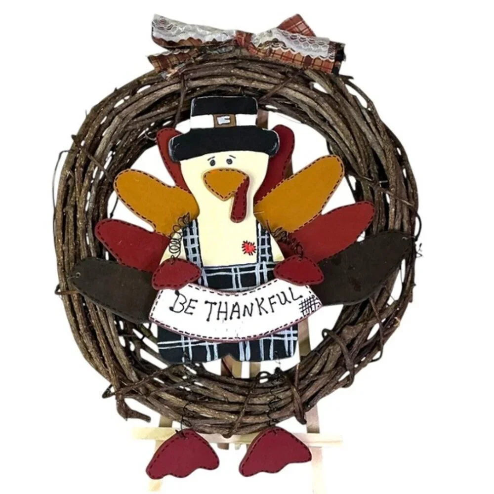 Hand Crafted Thanksgiving Turkey Wreath BeThankful Rustic Red Brown Accent 14 In